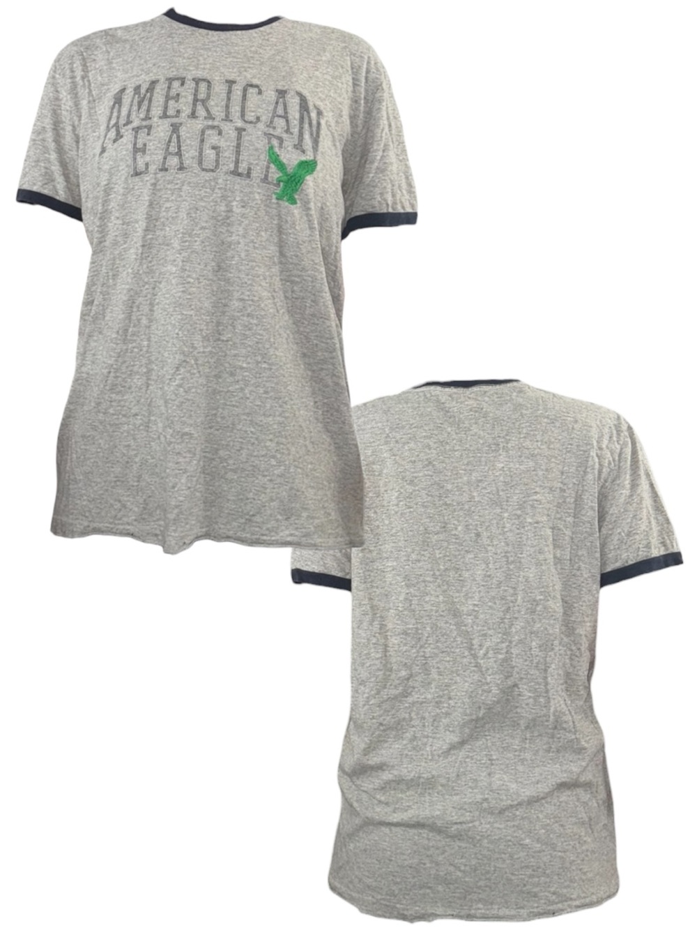 American Eagle Outfitters Grey Ringer Tee with Navy Trim and Green Logo